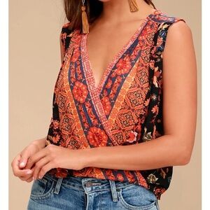 Free People Havana Black Floral Print Sleeveless Surplice Faux Wrap Top Small